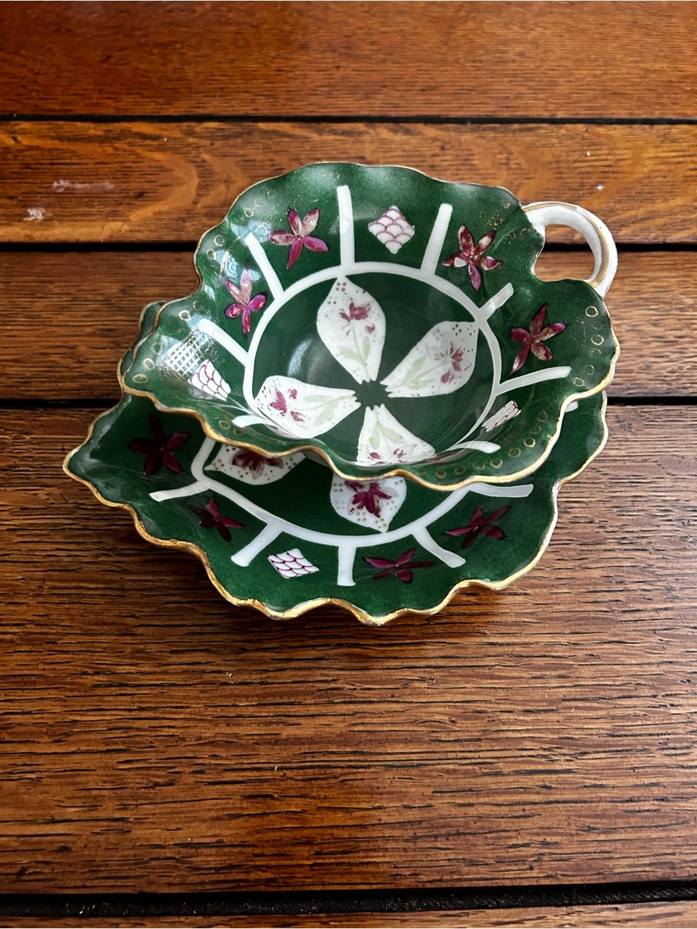 Austrian porcelain Green Floral Hand-Painted Tea Cup and Saucer Set